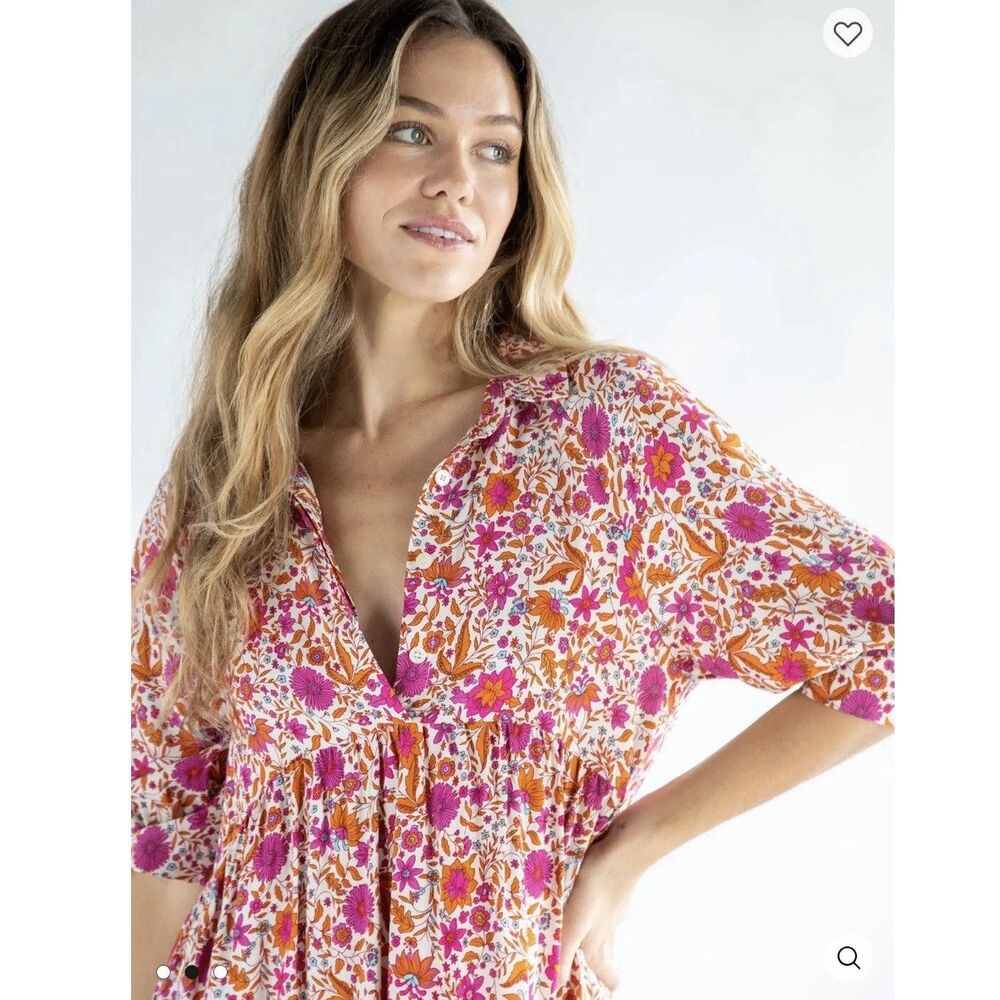 Natural Life Becca Dress Small Pink Floral Pockets NWOT Boho Tiered Cottage - Picture 2 of 11